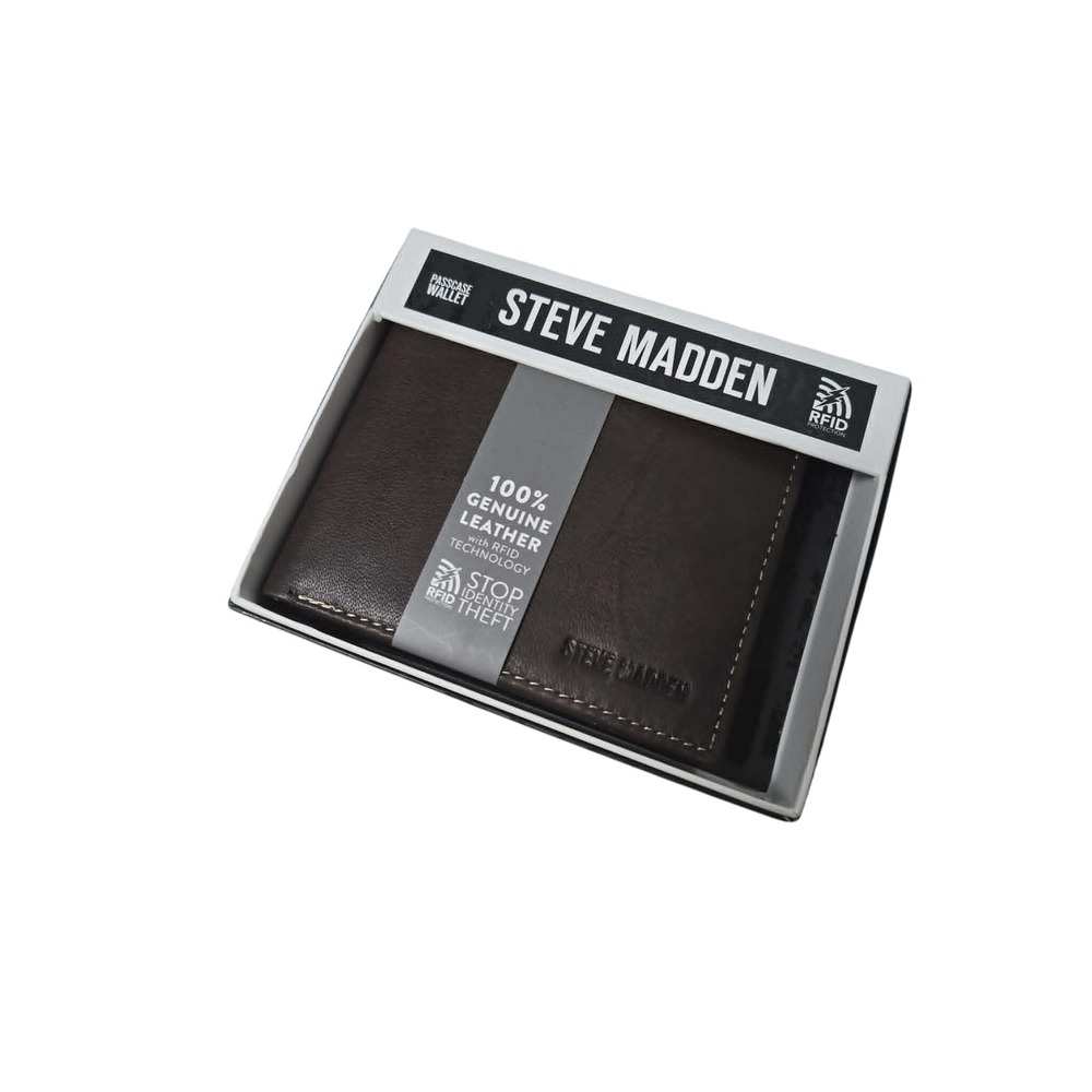 Steve Madden Mens Black Genuine Leather RFID Blocking Passcase Bifold Wallet NIB
